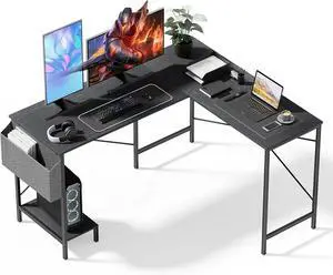 Simple Deluxe L Shaped Desk Gaming Computer 50 Inch Reversible Corner Table PC Work Table for Writing Study Student with Wood Tabletop Metal Frame CPU Stand Side Bag for Home Office Small Place