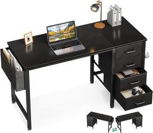 Casaottima 40-Inch Small Computer Desk with 4 Fabric Drawers  Home Office Desks with Storage, Writing Desk with Side Hook and Cloth Bag, Modern Study/Work Table for Bedroom and Small Space, Black