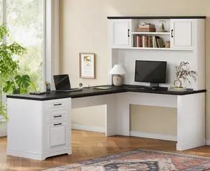 Itaar Farmhouse Executive L Shaped Desk, Home Office Desk with File Drawer and Power Outlet, Computer Corner Desk with Hutch and Drawer, Workstation for Office Home, White
