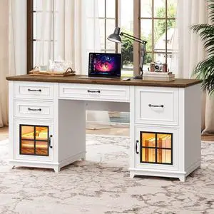 58" Executive Desk, Farmhouse Computer Desk with Drawers and File Cabinet, LED Light, Wooden Home Office Desk with Charging Station, Workspace for Study Writing, White and Walnut 58" Executive Desk, Farmhouse Computer Desk with Drawers and File Cabinet, LED Light, Wooden Home Office Desk with Charging Station, Workspace for Study Writing, White and Walnut