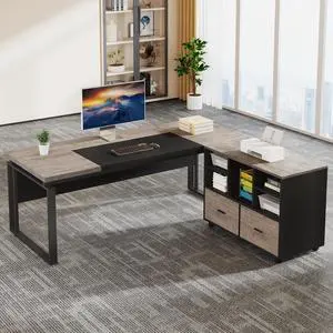 Tribesigns L-Shaped Executive Desk with Reversible File Cabinet, 63" Office Desk with Storage Drawers, L-Shaped Computer Desk with Drawer Cabinet for Hanging Letter Size Files (Gray & Black)