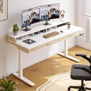 Standing Desk With Drawers, 47x23.6 Inch Electric Stand Up With Storage Shelf and Memory Controller, Adjustable Height 28-46 Inch for Computer Workstation, White