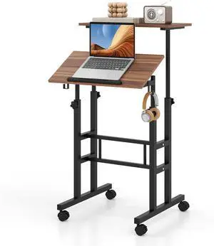 Tangkula Mobile Standing Desk, Height-Adjustable Laptop Podium Cart with Tilting Tabletop & Adjustable Angle, Rolling Stand Up Computer Desk with 2 Hanging Hooks & Lockable Casters for Home Office