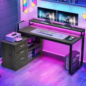 DWVO L Shaped Desk with Power Outlets, 55" Computer Desk with Drawers & LED Lights, Corner Desk Home Office Desk with File Cabinet, Grey