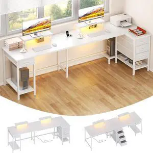 93" White 2 Person Office Desk, Long Computer Gaming Desk with Power Outlets & LED Lights, Large Home Office Desk with 4 Storage Drawers & 2 Monitor Stand for Work Writing Study