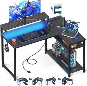 MOTPK L Shaped Gaming Desk with Power Outlet, Reversible Gaming Desk with Height Adjustable Monitor Stand, Gaming Computer Desk 43inch with LED Lights, Home Office Desk, Black