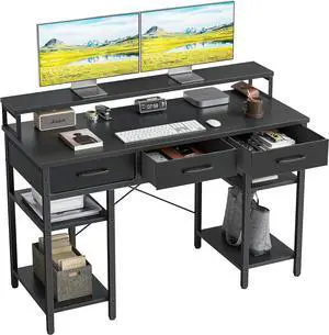 CubiCubi 47 Inch Computer Desk with 3 Drawers and Storage Shelves, Small Home Office Desk with Monitor Stand, Study Writing Table for Bedroom, Black