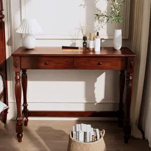 Solid Wood Computer Writing Desk with 2 Storage Drawers, Traditional Vanity Dressing Table, Small Home Office Desk, Corner Table, Easy Assembly 39.37 x 15.74 x 30.9 Cherry Red Walnut SSZ1533WD