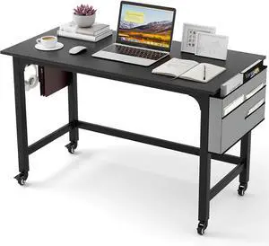 Tangkula 48 Mobile Computer Desk with Storage Bag & 2 Hanging Hooks, Rolling Home Office Writing Study Desk, Rolling PC Workstation with Lockable Universal Casters for Study Room, Bedroom