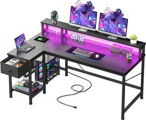 Gaming Desk with Drawers, 48" L Shaped Computer Desk with LED Lights & Power Outlet Reversible Office Desk with Monitor Stand Small Work Desk for Gaming, Study Room, Bedroom, Black