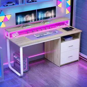 DWVO Computer Desk with Drawers, 47.2" Office Desk with Power Outlets & LED Light, Home Office Desk with Storage Shelves, White & Oak
