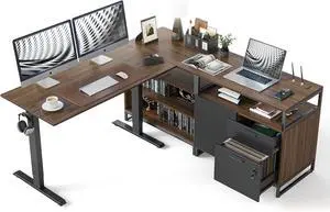FEZIBO 66 Inch L Shaped Standing Desk with Drawers & Shelves, Executive Table Adjustable Height, Black Walnut Top/Black Frame