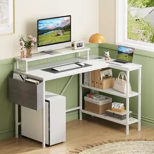 Flycity Reversible L Shaped Desk with Storage, Corner Computer Desk with 2 Adjustable Storage Shelves & Monitor Stand, 45 Inches Small Writing Desk for Home Office Bedroom Living Room, White