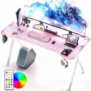 Dowinx Gaming Desk with LED Lights, RGB Gaming Computer Table with Carbon Fibre Surface, LED Home Office Desk with Remote Control, Pc Workstation with Cup Holder and Headphone Hook, 63 Inch, Pink