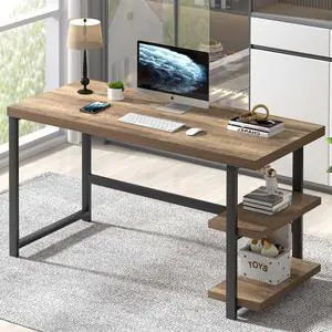 FOLUBAN Computer Desk, Modern Home Office Desk with Storage Shelves, Writing Study Gaming Table for Living Room Bedroom, Rustic Oak, 53 Inch