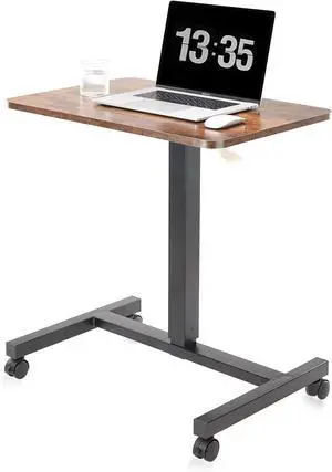 CLATINA Round Edge Design Elegant Mobile Laptop Desk Pneumatic Sit to Stand Table, Height Adjustable Rolling Cart with Lockable Wheels for Home Office Computer Workstation, 28" x 19" Brown