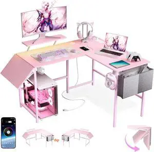 L Shaped Gaming Desk with Desk Extender, Smart Corner Computer Desk with LED Lights & Power Outlets, Monitor Stand, Storage Bag, for Work, Home Office, Bedroom, Study, Pink