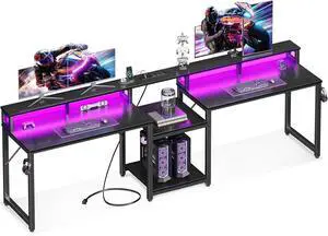 Coleshome 98 Inch 2 Person Gaming Desk with Storage Shelves- Long Double Home Office Computer Desks with USB Charging Port & LED Lights, Writing Desk with Monitor Stand, Modern Study/Work Table, Black