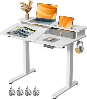 White Standing Desk60° Tiltable Height Adjustable Electric Rising Desk40Inch Foldable Mobile Laptop Table with Shelf,Monitor Stand, Drawer ,Flippable Sit Stand Workstation on Wheels for Home, Office