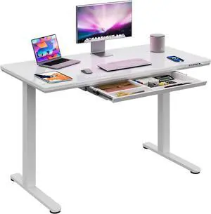 DEVAISE Standing Desk with Drawers, Whole-Piece Glass Adjustable Height Desk, 48 Inch Electric Stand Up Desk, Quick Install, White