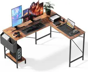 Simple Deluxe L Shaped Desk Gaming Computer 50 Inch Reversible Corner Table PC Work Table for Writing Study Student with Wood Tabletop Metal Frame CPU Stand Side Bag for Home Office Small Place