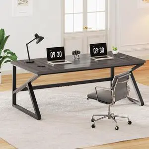 IBF Long Desks for Home Office, Large Metal Wooden Computer Desk for 2 Monitors, 70 Inch Two Person Desk for Executive Work Writing Study Gaming, Industrial Modern Big Double Desk, Dark Gray Oak