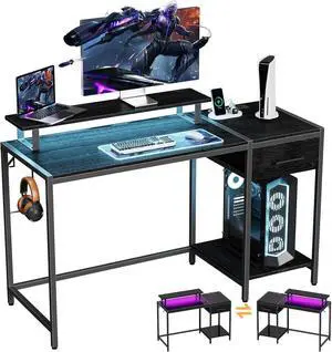 Lkeiyay Gaming Desk with LED Lights & Power Outlet, 47 inch Computer Desk with Drawers,Black Gamer Desk with Monitor Stand & Headphone Hook for Home Office