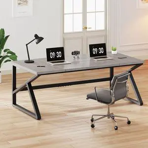 IBF 70 Inch Large Home Office Desk, Industrial Long Executive Work Writing Study Computer Table, Farmhouse Big Metal Wood Double Desk for Bedroom Living Room, Rustic Dual Monitor Desk, Light Grey