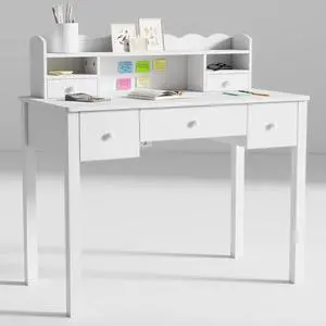 White Wrting Desk with Hutch and Drawers - 40 Inch Small Student Desk for Home Office, Study Desk for Teen