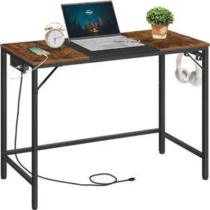 HOOBRO Computer Desk, Home Office Desk with Power Outlet, Modern Study Writing Desk with 3 Hooks for Study Room, Home Office, Sturdy and Stable, Easy to Assemble, Rustic Brown and Black BF41UDN01