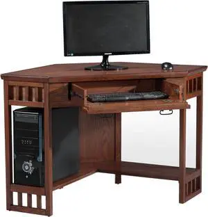 Leick Home 82430 Mission Corner Desk, Writing Computer Desk with Drop Front Keyboard Drawer, for Home Office, Solid Wood, Mission Oak