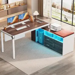 Cyclysio L Shaped Desk with File Cabinet and Outlet, Reversible Corner Computer Desk with LED Lights, Large Home Office Desk with Drawer, Soft Cushion, Espresso
