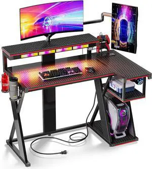 Bestier Computer Desk with Music Sync Light, Flow Vibe Corner Desk with Monitor Stand and PS5 Storage Shelves, Cup Holders, and Headset Hooks for Bedroom Small Space (Black Red, 42 Inch)