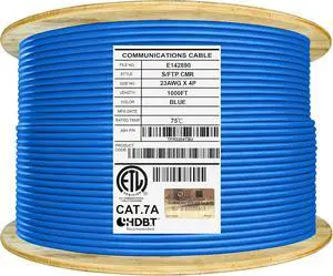Elite CAT7A Shielded Riser (CMR), Ethernet Cable 1000ft Reel, Shielded Foil Twisted Pair (S/FTP) 23AWG, Solid Pure Bare Copper, 1000MHz, UL Certified, Easy Pull, Bulk Networking Cable - Blue