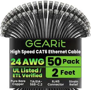 GEARit Cat 6 Ethernet Cable (50-Pack 2 Feet) Cat6 Network Patch, 10Gbps, RJ45, Snagless Cord, Gold-Plated Connectors, Internet for PC, TV, Tablet, Router, Printer, Servers, IT Data Center - Black GEARit Cat 6 Ethernet Cable (50-Pack 2 Feet) Cat6 Network Patch, 10Gbps, RJ45, Snagless Cord, Gold-Plated Connectors, Internet for PC, TV, Tablet, Router, Printer, Servers, IT Data Center - Black