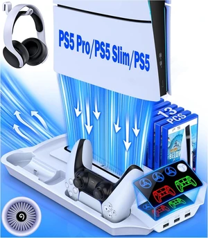 PS5 Pro/Slim/PS5 Stand and Cooling Station with Controller Charging Station for Playsation 5 Disc Digital Console, PS5 Accessories Incl. 3 Levels Cooling Fan, 13 Game Slots, 3 USB HUB, Headset Holder PS5 Pro/Slim/PS5 Stand and Cooling Station with Controller Charging Station for Playsation 5 Disc Digital Console, PS5 Accessories Incl. 3 Levels Cooling Fan, 13 Game Slots, 3 USB HUB, Headset Holder