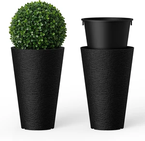 Kante Set of 2 Black Tapered Planters, 13" Tall with Removable Inner Pots