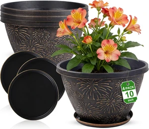 4 Pack 10 Inch Plant Pots Drainage Holes and Saucers