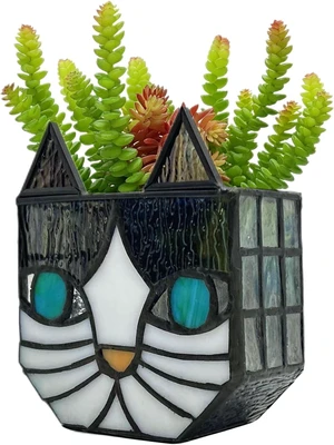 Tiffany Cute Cat Stained Glass Flower Pots,Indoor and Outdoor Plant Displays,Cat Plant Planter,Candle Holder Container Decoration 4.6 x 5.15 x 2.3 inch(11.7 x 13.1 x 5.8 CM)(Without Succulents)Black