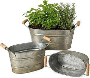 Set of 3 Oval Planter Buckets with Handles, Antique Galvanized Gold Set of 3 Oval Planter Buckets with Handles, Antique Galvanized Gold
