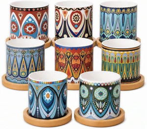 Kingrol 8 Pack Mini Ceramic Succulent Pots with Bamboo Saucers