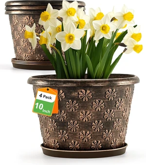 10 Inch Planter Pots for Plants, 4 Pack Plastic Large Flower Pots Indoor Outdoor, Resin Plant Pot with Drainage & Saucer, Retro Decorative Garden Pot with Removable Trays for House 10 Inch Planter Pots for Plants, 4 Pack Plastic Large Flower Pots Indoor Outdoor, Resin Plant Pot with Drainage & Saucer, Retro Decorative Garden Pot with Removable Trays for House