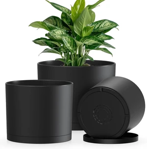 Plant Pots, 10/9/8 Inch 3 Pack Cylindrical Flower Pots with Drainage Holes and Saucers, Plastic Planters for Outdoor Indoor Plants,Black Plant Pots, 10/9/8 Inch 3 Pack Cylindrical Flower Pots with Drainage Holes and Saucers, Plastic Planters for Outdoor Indoor Plants,Black