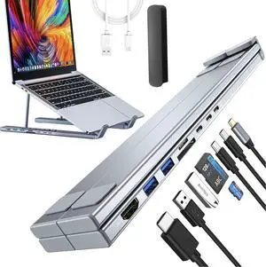 8-in-1 USB-C Laptop Stand, 2025 Upgrade 8 in 1 Laptop Stand with Docking Station, Universal USB C Hub with 4k Hdmi, 2 USB 3.0, SD Card Slots, Pd Input, for Laptops (8 in 1)