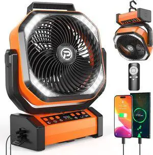 Camping Fan with LED Lantern, 20000mAh Rechargeable Battery Fan, Max 112Hrs Running,8 Speeds, Digital Display,4 Timer,Auto-Oscillating Table Fan with Remote & Hook for Camping, Power Outage, Hurricane