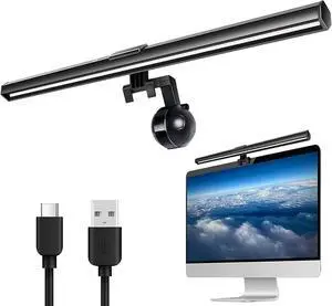 LED Computer Monitor Light Dimmable Screenbar Light Bar, USB Powered Clamp Lamp Home Office Desk Lamp, Black, with Touch Sensor, Adjustable Brightness/Color