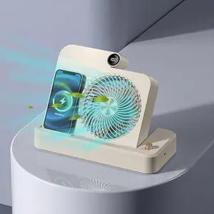 Small Desk Fan with Wireless Charger, Rechargeable Desktop Fans, Air Circulator Fan with Wireless Charger, 100 Speed, LED Digital Display, Angled Base, Camping Cooling Device for Women Men (Beige)