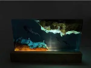 Whale Shark and Diver Resin Night Light Scuba Diving Deep Sea Exploration Wood Lamp Home Decoration Gift (6 * 4 inch)