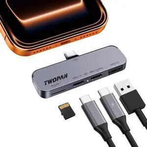 USB C iPhone Hub for ProRes Video Recording - Ultra-Slim Aluminum USB 3.2, Dual USB-C, Micro SD, and Charging Port Hub for iPhone 17/16/15 Pro/Pro Max