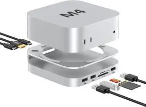 Akyyajaure Mac mini Hub: 10 in 1 Aluminum Stand & Dock for Mac mini M4 Pro with M.2 NVMe SSD Enclosure, 4K60hz HDMI, 10Gbps USB-A*2, SD/TF Card Readers, USB 2.0